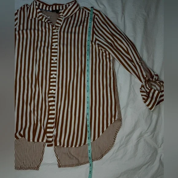 NWT Jane + Delancey Brown & White Striped Button-Up Shirt Slit Back | Large - Picture 9 of 9